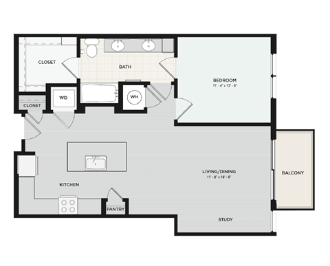 Floor plan for 1 bed, 1 bath, 973 sqft